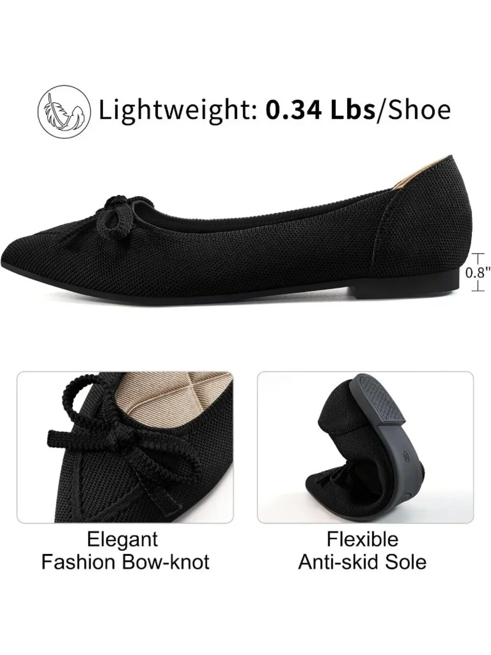 Women's Black Ballet Flats Shoes Dressy Pointed Toe Bow Knit Flats Comfortable